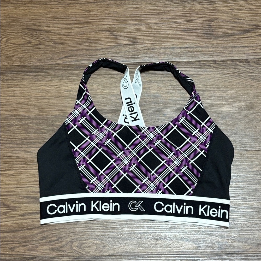 Calvin Klein Black and Purple Patterned Sports Bra NWOT